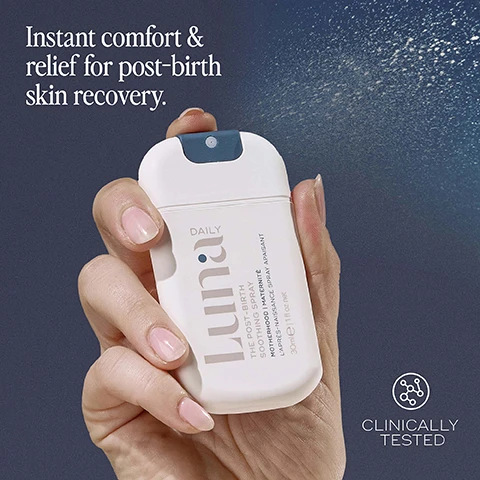 Image 1, instant comfort and relief for post birth skin recovery. clinically tested. image 2, spray directly onto skin, tissue or into maternity pants. safe to use pre and post pregnancy. image 3, blended with gentle, calming notes of ylang ylang and lavender. image 4, travel friendly. full size = 250 wipes, 80ml. mini = 100 wipes, 30ml. image 5, the hospital bag essentials kit, the perfect gift.