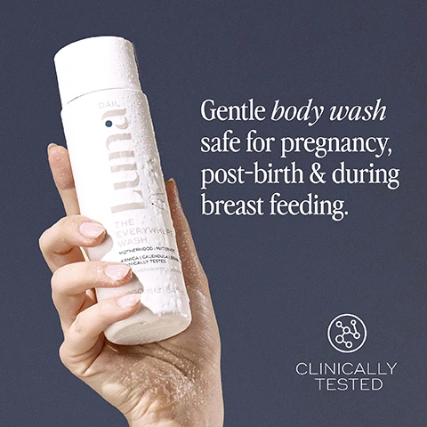 Image 1, gentle body wash safe for pregnancy, post birth and during breast feeding. clinically tested. image 2, ently cleanses, comforts, hydrates and soothes sensitive skin for all skin, even intimate. image 3, customer review = finding a pregnancy safe product that was gentle for my super sensitive skin was a life saver, and it smells divine. image 4, blended with gentle notes of ylang ylang and lavender. image 5, how to recycle. separate cap, use excess product, then rinse bottle, recycle. 100% recyclable bottle, made with 50% ocean prevented plastic.