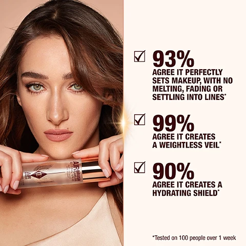 Image 1 - A woman with long brown hair is holding a makeup setting spray while gazing at the camera, with text on the right indicating survey results: 93% agree it perfectly sets makeup, with no melting, fading or settling into lines, 99% agree it creates a weightless veil, and 90% agree it creates a hydrating shield.
Image 2 - Three different sizes of Airbrush Flawless Setting Spray are displayed: a small 34ML bottle, a medium 100ML bottle, and a large 200ML bottle, all against a softly lit background with light bulbs. Visible text includes AIRBRUSH FLAWLESS SETTING SPRAY, PARTY ALL NIGHT STAY ALL DAY, and 200ML.
Image 3 - A woman with long dark hair and natural makeup poses while holding a bottle of Airbrush Flawless Setting Spray, with text stating 1 100ML AIRBRUSH FLAWLESS SETTING SPRAY SOLD EVERY MINUTE* and a source note at the bottom.
Image 4 - A bottle of Airbrush Flawless Setting Spray with labels outlining its ingredients: Japanese Green Tea, Aloe Vera, Flawless Film Formers, and Poreway Technology, against a soft background with dressing table lights.