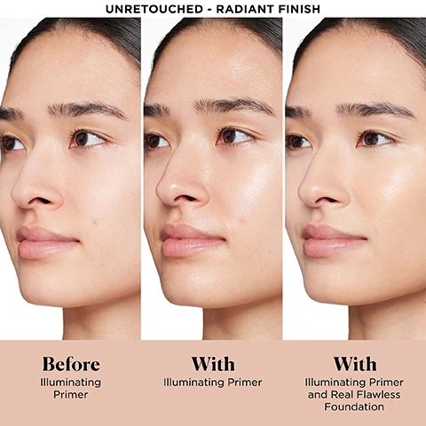 Image 1 and 2, unretouched radiant finish. before illuminating primer. with illuminating primer. with illuminating primer and real flawless foundation. image 3, which formula is right for my skin type? dry flakey and fine lines, you'll love pure canvas primer hydrating. oily, combination, enlarged pores, textured, you'll love pure canvas primer blurring. dull, uneven and dark spots, you'll love pure canvas primer illuminating. image 4, extends makeup wear for 12 hours. evens dark spots and discoloration. improves skin's radiance and brightness. creates a luminous healthy glow. image 5, skin perfecting complex = blend of rose extracts moisturises, protects and smooths skin. porcelain flower helps to improve hyperpigmentation. encapsulated luminous pearls = provide naturally dimensional radiance. image 6, 97% agree primer gave skin a luminous healthy glow. 97% agree primer feels weightless. 94% agree primer makes skin feel soft and supple. after 3 weeks of consumer testing on 30 women. image 7, new and improved. pure canvas primer illuminating. we kept what you loved = extends makeup wear, brightens and nurtures skin, reduces the look of imperfections. and made it even better = extends makeup wear for 12 hours, improves skin's radiance and brightens instantly and over time. decreases the look of dark spots and hyperpigmentation instantly and over time. image 8, new and improved. if you liked hydrating or supercharged essence you'll love new hydrating primer. if you like illuminating or perfecting primer you'll love new illuminating primer. if you liked blurring primer you'll love new blurring primer. if you liked protecting SPF 30 you'll love new blurring primer and tinted moisturiser with SPF.