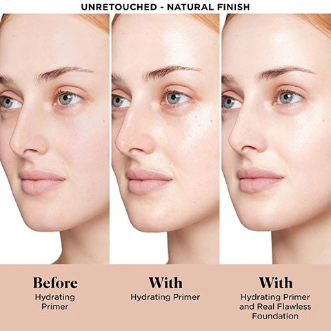 Image 1 and 2, unretouched natural finish. before hydrating primer. with hydrating primer. with hydrating primer and real flawless foundation. image 3, which formula is right for my skin type? dry flakey and fine lines, you'll love pure canvas primer hydrating. oily, combination, enlarged pores, textured, you'll love pure canvas primer blurring. dull, uneven and dark spots, you'll love pure canvas primer illuminating. image 4, extends makeup wear for 16 hours. 24 hour hydration. plumps and smooths skin. instantly reduces the appearance of fine lines and wrinkles. image 5, skin perfecting complex = blend of rose extracts moisturises, protects and smooths skin. mineral enriched water = known to decrease dullness and boost hydration. glycerin = water loving ingredient that helps attract moisture to skin. image 6, 97% agree primer makes skin feel soft and supple. 97% agree primer feels weightless. 91% agree primer helps skin stay moisturised all day. 91% agree primer improves the quality of makeup wear. after 3 weeks of consumer testing on 30 women. image 7, new and improved. pure canvas primer hydrating. we kept what you loved = extends makeup wear, hydrating, skin replenishing. and made it even better = extends makeup wear for 16 hours, provides 24 hour hydration. plumps and smooths skin. image 8, new and improved. if you liked hydrating or supercharged essence you'll love new hydrating primer. if you like illuminating or perfecting primer you'll love new illuminating primer. if you liked blurring primer you'll love new blurring primer. if you liked protecting SPF 30 you'll love new blurring primer and tinted moisturiser with SPF.