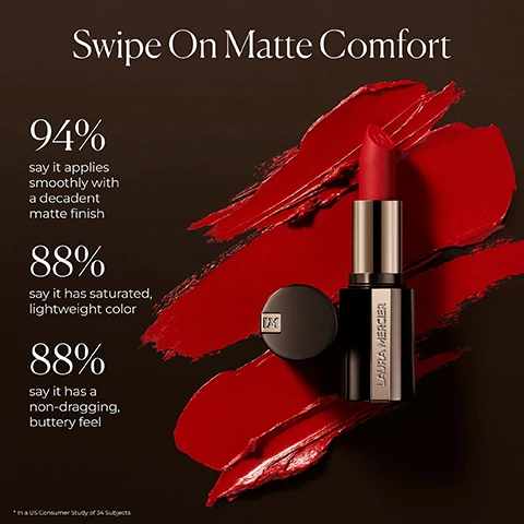 image 1, swipe on matte comfort. 94% say it applies smoothly with a decadent matte finish. 88% say it has saturated lightweight colour. 88% say it has a non dragging buttery feel. image 2, hyaluronic acid = plumps, hydrates and reduces the appearance of fine lines. vitamin e = helps protect and promote lip healing. plum and grape seed oil = promote moisture retention and leave lips feeling silky. image 3, a flawless lip routine. step 1 = line with caviar perfecting lip liner. step 2 = colour with caviar smoothing matte lipstick. image 4, pro pairings. caviar perfecting lip liner shades with their caviar smoothing matte lipstick.