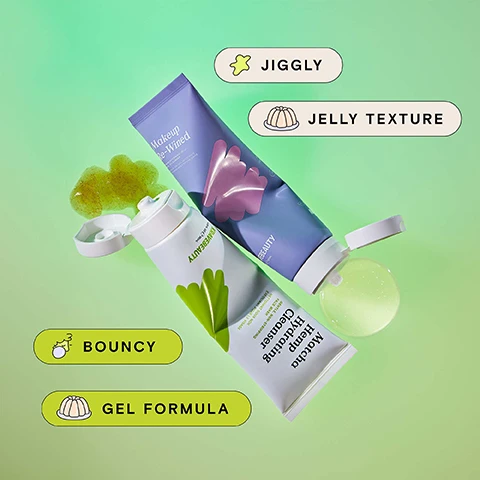 image 1, jiggly, jelly texture. bouncy gel formula. image 2, how to use. step 1 = cleanser daily. step 2 = exfoliator 2-3 times a week. step 3 = serum daily serum or weekly treatment. step 4 = moisturiser daily. image 3, recyclability. coex tube 7 = low recyclability. pp 5 cap = medium recyclability. recycled content = 85% PCR tibe. 100% PCR cap.