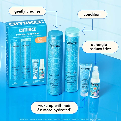 Image 1, gently cleanse, condition, detangle and reduce frizz, wake up with hair 3 times more hydrated. image 2, before and after, 3 times more hydration. clinically proven when shampoo and conditioner used as a system. image 3, before and after. hydro rush. hair unretouched. image 4, before and after dream routine hair unretouched. image 5, hyaluronic acid = attracts moisture. bio fermented coconut water = adds natural hydration. squalane = helps protect from moisture loss. polyglutamic acid = promotes moisture retention. blue/green algae = provides vitamins and amino acids. image 6, boost shine and remove pollution build up. deeply hydrate and detangle. strengthen and reduce breakage.