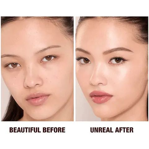 Image 1, beautiful before unreal after image 2, ROUTINE BY SKIN TYPE MOISTURISE PERFECT SET NORMAL TO DRY SKIN CHARLOTTE'S MAGIC CREAM UNREAL SKIN SHEER GLOW TINT AIRBRUSH FLAWLESS SETTING SPRAY COMBINATION TO OILY SKIN CHARLOTTE'S MAGIC WATER CREAM UNREAL SKIN SHEER GLOW TINT AIRBRUSH FLAWLESS FINISH + AIRBRUSH FLAWLESS SETTING SPRAY