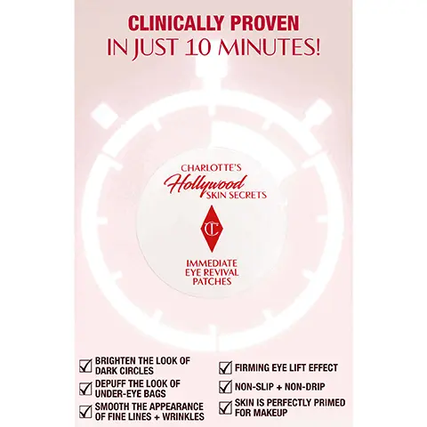 Clinically proven in just 10 minutes. Brighten the look of dark circles. Depuff the look of under-eye bags. Smooth the appearance of fine lines + wrinkles. Firming eye lift effect. Non-slip + non-drip. Skin is perfectly primed for makeup. Immediate eye revival. Clinically proven results, before, in just 10 minutes, in 30 days. 91% agree eye area appears smoother + firmer. Tested on 104 people after 30 days. Expertly formulated to target every under-eye concern. Cushion, absorb and lock technology tm, for fast-acting hydration and smoother looking skin. Bio-smooth eye contour complex for an instant eye lift effect. Tilbury tip, wear them your way. Target fine lines + wrinkles. Target puffiness + dark circles.