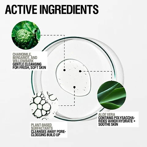 image 1, active ingredients. chamomile, bergamot and willowbark - gentle cleansing for fresh, soft skin. plant based surfactants - cleanses away pore clogging build up. aloe vera = contains polysaccharides which hydrate and soothe skin. image 2, decongests and unclogs pores. cleanses without stripping. removes everyday makeup. image 3, 99% agreed gentle yet effective. 98% agreed skin feels clean and soothed. 97% agreed skin looks healthier. independent user trial 2022, results based on 109 over 4 weeks. image 4, customer review = my new go to cleanser, non stripping, leaves my skin cleansed and smooth. image 5, how to use = massage into damp skin then rinse off, use daily. for extra lather use a cloth or sponge. image 6, lightweight gel low foam lather.