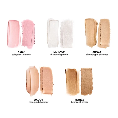 Image 1 - Swatches of cosmetic shades are displayed on a white background, with labels for each color: Baby soft pink shimmer, My Love diamond sparkle, Sugar champagne shimmer, Daddy rose gold shimmer, and Honey bronze shimmer.
Image 2 - Three arms of varying skin tones are shown, each displaying swatches of a highlighting product, with visible text naming the shades: MY LOVE, BABY, SUGAR, DADDY, and HONEY, next to the compact highlighter.
Image 3 - A close-up of a womans face is shown in three sections labeled Before, With Powder, and With Crème Over Powder, illustrating the effects of different makeup techniques.
Image 4 - Image shows three side-by-side portraits of a woman demonstrating different makeup techniques: the left shows her bare skin labeled BEFORE, the center shows her with powder applied labeled WITH POWDER, and the right shows her with crème over the powder labeled WITH CRÈME OVER POWDER.
Image 5 - A close-up portrait of a woman showing her face in three sections labeled Before, With Powder, and With Crème Over Powder, demonstrating different makeup techniques and skin finishes.
Image 6 - A makeup palette with a translucent cream and silky powder for a dewy glow and ultra-refined shimmer, with visible text stating vegan, talc free, and cruelty free.
Image 7 - A dual-ended highlighter brush is displayed next to a compact of highlighter that has two sections: one with a smooth surface and the other with a textured surface, with the text USE WITH DUAL-ENDED HIGHLIGHTER BRUSH visible on the image.