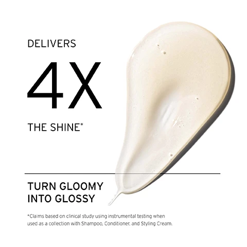 image 1, delivers 4 times the shine. turn gloomy into glossy. claims based on clinical study using instrumental testing when used as a collection with shampoo, conditioner and styling cream. image 2, how to use = lather product into hands. apply to roots and gently massage from hairline to crown.