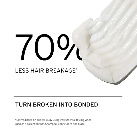 Image 1, 70% less hair breakage. turn broken into bonded. claims based on clinical study using instrumental testing when used as a collection with shampoo, conditioner and mask. image 2, how to use = after shampooing, saturate from mid-lengths to ends. leave on for 3-5 minutes, then rinse thoroughly. image 3, stylist tip = for maximum bonding, apply to damp hair from roots to ends and leave on for up to 3 hours. image 4, 3 times stronger hair. 56% completely repaired split ends after one use. 4 times smoother hair. 7 times more hydration. when used as a full system with shampoo and mask. based on clinical study using instrumental testing.