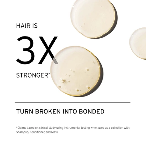 Image 1, hair is 3 times stronger. turn broken into bonded. claims based on clinical study using instrumental testing when used as a collection with shampoo, conditioner and mask. image 2, how to use = lather product into hands. apply to roots, gently massaging from hairline to crown. image 3, 70% less hair breakage. 56% completely repairs split ends after one use. 4 times smoother hair. clinical study using instrumental testing when used as a collection with shampoo, conditioner and mask. split end test performed on 50 hair fibers.