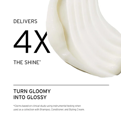 Image 1, delivers 4 times the shine. turn gloomy into glossy. claims based on clinical study using instrumental testing when used as a collection with shampoo, conditioner and styling cream. image 2, how to use = distribute product into hands and apply from mid-lengths to ends, avoiding the root.