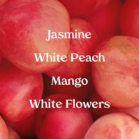 Image 1, jasmine, white peach, mango, white flowers. image 2, for everybody, everywhere