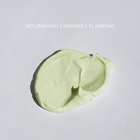 Product swatch on a grey background with the text NOURISHING, FIRMING, PLUMPING.
