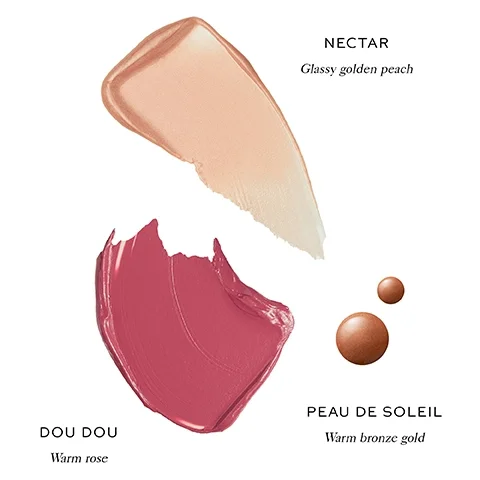 swatches of nectar glassy golden peach, dou dou warm rose and peau de soleil warm bronze gold.