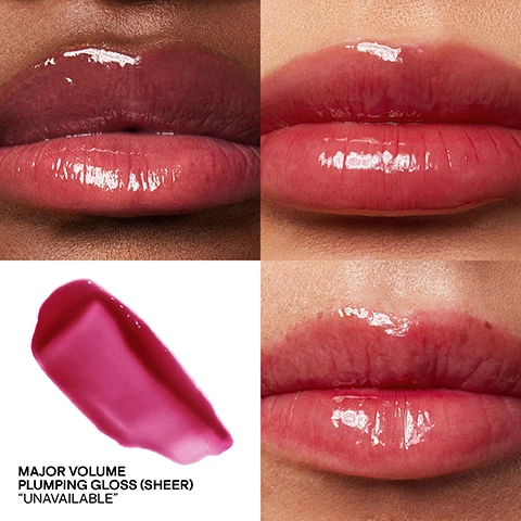 image 1, major volume plumping gloss (sheer) in unavailable. image 2, major volume plumping gloss (sheer) in for the girls. image 3, major volume, major benefits. instant plumping effect with cinnamon and ginger. hydrating peptides firm and smooth lips. non sticky shine. vegan and cruelty free. image 4, major volume plumping gloss (sheer) in unavailable. major volume plumping gloss (sheer) in for the girls. image 3, major volume, major benefits.