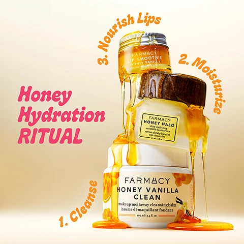 image 1, honey hydration ritual. 1 = cleanse. 2 = moisturise. 3 = nourish lips. image 2, before, during and after. 97% agree, removes makeup easier than other cleansers. based on consumer panel on 33 subjects after 7 days of use.