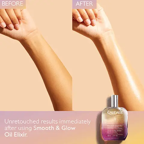 Image 1, BEFORE AFTER Unretouched results immediately after using Smooth & Glow Oil Elixir. CAUDALIE Image 2, Nourishing ARGAN OIL сус CAUDALIE PARIS Moisturising PRICKLY PEAR OIL Huile de Soin Lissage & Glow & Delet Smooth & Glow Oil Elixir 50ml & Décolle antioxidant Nourishing and GRAPE SEED OIL wol & sprzed nio?