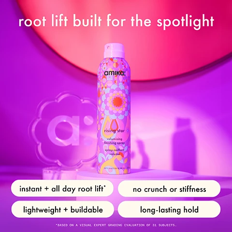 image 1, root lift built for the spotlight. instant all day root lift. no crunch of stiffness. lightweight and buildable. long lasting hold. based on a visual expert grading evaluation of 31 subjects. image 2, don't fall flat. spray at the root on dry hair for instant root life that lasts all day. based on a visual expert grading evaluation of 31 subjects. image 3, before and after. instant and all day root lift. based on a visual expert grading evaluation of 31 subjects. image 4, volume that packs a performance. instant and all day volume. 98% said they has instant volume. based on a professional evaluation of 56 subjects when using big hit shampoo and conditioner and rising star volumising finishing spray. based on a 2 week consumer study of 56 participants when using big hit shampoo, conditioner and rising start volumising finishing spray. image 5, chart topping stylers. prep, plump and heat protect damp hair before blowout. medium hold mousse for touchable body and heat protection on damp hair. finishing spray for root lift on dry hair. image 6, the perfect duet. add volume at the root. add texture from mid lengths to ends. image 7, add volume at the roots. add texture from mid lengths to ends. image 8, hair raising ingredients. carob seed extract = works to help achieve stronger, fuller looking strands. hydrolyzed soy protein = helps to increase the diameter of the hair fiber. sea buckthorn = loaded with vitamin c, a, fatty acid, omega 7 plus antioxidants. image 9, style like a pro. apply rising star at the root, then blow dry at an upward angle to amplify volume. image 10, choose your styler. rising star finishing spray = root lift. un done texture spray = perfectly imperfect texture. fluxus hairspray = touchable hold. headstrong hairspray = strong hold. top gloss shine spray = glossy, high shine.