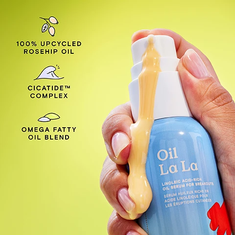 image 1, 100% upcycled rosehip oil. cicatide complex. omega fatty oil blend. image 2, soothing and balancing. image 3, 81% of users noticed an overall clearer complexion. 76% of users saw a reduction in blemishes. 86% of users said this serum helped soothe and calm their skin. results from a consumer trial on 58 participants over 2 months. individual results may vary. image 4, how to use. step 1 = cleanser use daily. step 2 = exfoliator use 2-3 times a week. step 3 = serum, daily serum or weekly treatment. step 4 = moisturiser use daily. image 5, recyclability. PP5 cap = medium recyclability. mixed material 7 pump = low recyclability. PET 1 bottle = high recyclability. PET 1 shrink wrap label = not recyclable. silicone insert = not recyclable. recycled content = 100% PCR bottle