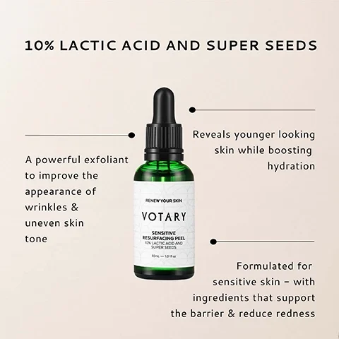 An image of a green glass dropper bottle labeled VOTARY SENSITIVE RESURFACING PEEL 10% LACTIC ACID AND SUPER SEEDS with text stating that it is a powerful exfoliant to improve the appearance of wrinkles and uneven skin tone, reveals younger looking skin while boosting hydration, and is formulated for sensitive skin with ingredients that support the barrier and reduce redness.