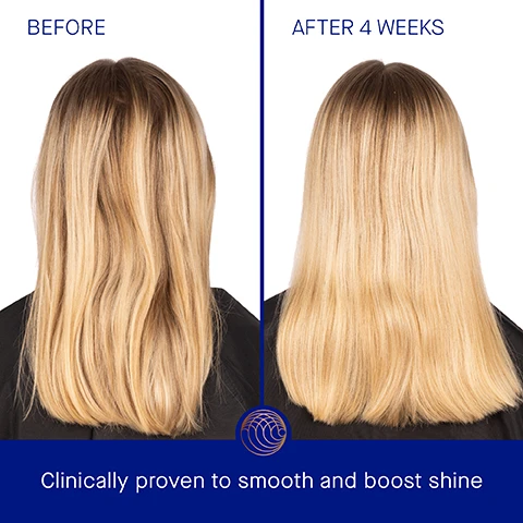 Image 2 - Image shows two side-by-side comparisons of hair; the left side labeled Before displays dull, slightly wavy hair, while the right side labeled After 4 Weeks shows straight, shiny hair; below the images, the text reads Clinically proven to smooth and boost shine.
Image 3 - Image showing a side-by-side comparison of hair before and after using a product, with one side representing Before with frizzy hair and the other side labeled After 4 Weeks showing smooth, sleek hair, and text at the bottom reading Clinically proven to nourish and smooth.
Image 4 - Image showing two hair care products from Augustinus Bader, a shampoo and a conditioner, with text highlighting clinically proven results: Hair frizz reduced by 78%, hair shine increased by 76%, hair build up reduced by 95%, and a note about a 4-week clinical trial of 35 participants aged 18-59.
Image 5 - An image featuring two hair care products in blue packaging partially submerged in water, with text stating user proven results: 97% agree hair is deeply nourished, 99% agree hair is softer and smoother, 96% agree frizz is visibly reduced/tamed, and 98% agree shine is visibly increased, along with a note about a consumer perception study.
Image 6 - Image shows a hair care routine titled The Routine, featuring four product steps: 1. Cleanse, with a blue bottle labeled The Rich Shampoo; 2. Condition, with a blue tube labeled The Rich Conditioner; 3. Renew, with a gold bottle labeled The Scalp Treatment; 4. Revitalize, with a blue tube labeled The Leave In-Hair Treatment.