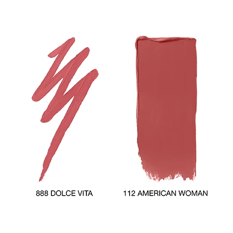 image 1, 888 dolce vita. 112 american woman. image 2, swatches of powermatte lipstick in american woman. powermatte high intensity lip pencil in dolce vita on three different skin tones. image 3, full powered benefits. 10 hour wear, one swipe, instant pay off. transfer resistant. all day comfort.