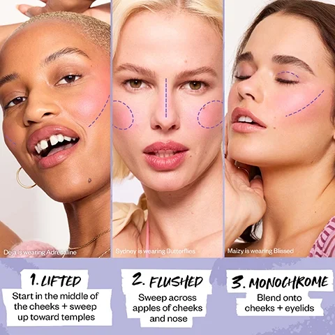Deja is wearing Adrenaline. Sydney is wearing Butterflies. Maizy is wearing Blissed. 1. Lifted, Start in the middle of the cheeks + sweep up toward temples. 2. Flushed, Sweep across apples of cheeks and nose. 3. Monochrome, Blend onto cheeks + eyelids.