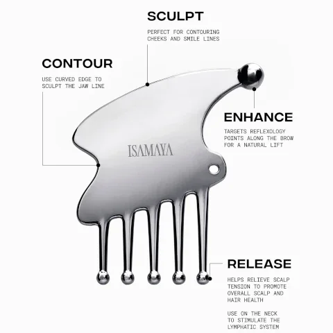 sculpt = perfect for contouring cheeks and smile lines. contour = use curved edge to sculpt the jaw lines. enhance = targets reflexology points along the brow for a natural lift. release = helps relieve scalp tension to promote overall scalp and hair health. use on the neck to stimulate the lymphatic system