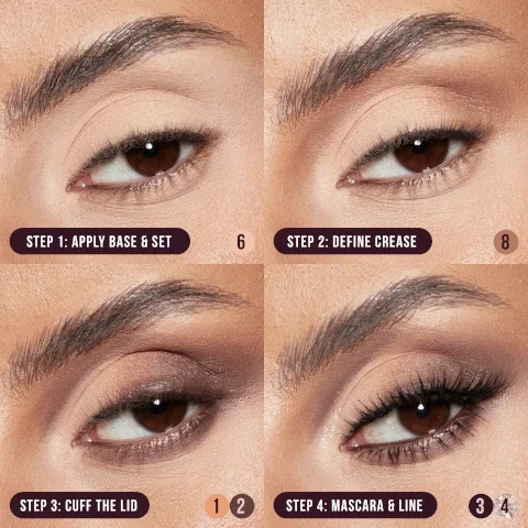 step 1 = apply base and set. step 2 = define crease. step 3 = cuff the lid. step 4 = mascara and line.