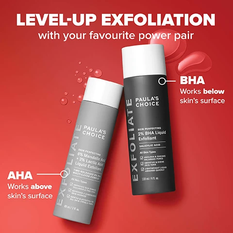 image 1, level up exfoliation with your favourite power pair. AHA - works above skin's surface. BHA - works below the skin's surface. image 2, the glow resolution gift set. glow under the christmas lights with the number 1 exfoliation experts. mandelic acid - the gentlest alpha hydroxy acid (AHA). salicylic acid - an exfoliant with smoothing and clearing benefits. image 3, skin concerns. breakout prone, blackheads, enlarged or clogged pores, dullness. image 4, what's inside. 2% BHA (salicylic acid) = unclogs pores. green tea = calms redness. mandelic acid and lactic acid - smooth and soften skin. yarrow root - soothing antioxidant. image 5, clinically proven to visibly reduce pores and control oil, based on an independent clinical study with 32 subjects after 4 weeks. before and after 3 weeks. image 6, 100% had brighter, smoother, softer skin. based on self assessments from an independent clinical trial with 30 subjects after 4 weeks. before and after 8 weeks.