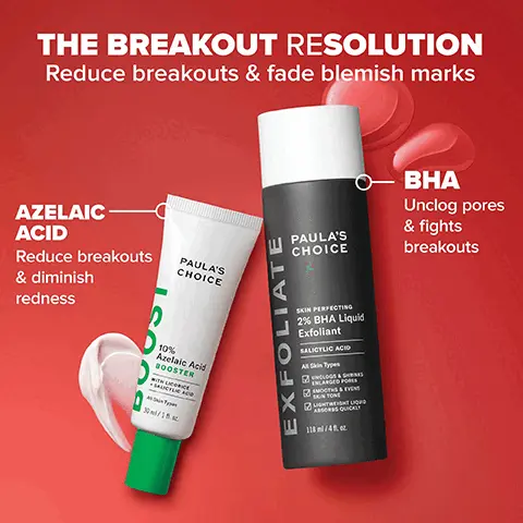 The breakout resolution. Reduce breakouts & fade blemish marks. Azelaic Acid Reduce breakouts & diminish redness. BHA Unclog pores & fights breakouts. The breakout ReSolution Gift Set Give the gift of clear, even skin this holiday season. Salicylic acid An exfoliant with smoothing & clearing benefits. Azelaic acid An antioxidant with brightening & soothing effects. Clinically proven to visibly reduce pores & control oil based on an independent clinical study with 32 subjects after 4 weeks. Before. After 3 weeks. 2% BHA liquid exfoliant. The breakout resolution reduce breakouts & fade blemish marks. Get clear, even skin in 2 easy steps. Gift calm, clear skin & keep the skin tone harmonised over the holidays. What's inside BHA Salicyclic Acid An exfoliant with smoothing & clearing benefits. Azelaic Acid Visibly brightens, refines & evens tone.