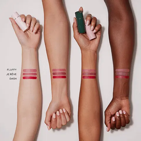 Fluffy, Je Reve,Dash. Hydro Suede Technology. A lip-plumping, moisture-locking system that delivers matte pigment. Hyaluronic acid, attracts moisture like a magnet. Meadowfoam extract, seals moisture in. Kaolin Clay, mattifies, no smudging. Je Reve, blushy nude. New, Dash, Ruby Red. New, Fluffy, nude rose.
