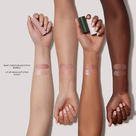 Baby cheeks blush stick bubble. Lit up highlight stick toast. Eye want you mascara black. New, lit up highlight stick toast, sparkling rose taupe. New Baby cheeks blush stick bubble, luminous cool berry.