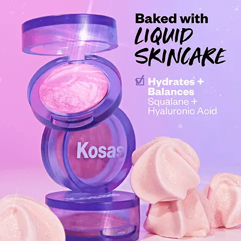 Image 1, Kosas Baked with LIQUID SKINCARE ✔ Hydrates + Balances Squalane + Hyaluronic Acid Image 2, EUPHORIA Cool Pinky Mauve BUTTERFLIES Cool Baby Pink BLISSED Warm Peachy Pink Image 3, 3 minis, BESTSELLING SHADES Ko292 Ko29 Image 4, Mini pops of color- SO GIFTABLE Когд Kosas BLUSH SUFE TRIO Cosas Cosas Kosas Kos Cosas