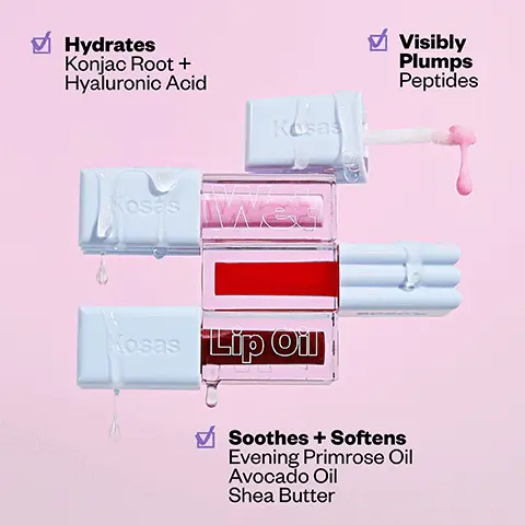 Image 1, ✔Hydrates Konjac Root + Hyaluronic Acid Visibly Plumps Peptides Kosas Kosas e Kosas Lip Oil Soothes + Softens Evening Primrose Oil Avocado Oil Shea Butter Image 2, SLUSHY Cherry Red COLA Mahogany Juicy jellies go on sheer SORBET Baby Pink Image 3, COLA Kosas Wet Kosas THE WET SET JUICY JELLIES SLUSHY Kosas Wet Wetl Wet! Kosas Wet SORBET 3 NEW limited-edition, sheer shades Image 4, THE WET SET JULY JELLIES CUTEST lip gift Kosas Kosas Li Kosas Wet Kosas Lip Oil Kosas Lip On