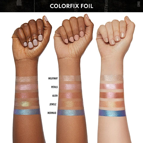 Image 1 - Three arms with different skin tones display swatches of shimmering makeup products on their forearms, labeled from top to bottom with the names Milkyway, Petals, Alien, Jewelz, and Mermaid.
Image 2 - Image shows a series of arms with swatches of various makeup finishes labeled as Nude, Matte, Metallic, Liquid Metal, Foil, and Glaze + Sparkler, demonstrating a range of colors and textures across different skin tones.
Image 3 - A collage of six diverse individuals showcasing different makeup looks with accompanying text instructions: top left - USE ONE SHADE AS A BASE, STAND-ALONE EYESHADOW OR BLEND MULTIPLE SHADES TOGETHER; top middle - OUTLINE, FILL IN, AND GLOSS LIPS FOR A PLUMP POUT THAT LASTS; top right - TAP ON AS A SOFT HIGHLIGHT, BLUSH OR SCULPTED CONTOUR; bottom left - FOR WATERPROOF LINER OR BROWS USE AN ANGLE OR POINTED BRUSH; bottom middle - TAP OR SWIPE ON EYES OR ALL OVER FACE FOR FALL OUT FREE GLIMMER; bottom right - USE ALONE FOR A GLOSSY LOOK ON THE EYES OR LIPS, LAYER ON TOP OF OTHER COLORFIX FINISHES.
Image 4 - Image shows a step-by-step guide for applying a cosmetic product, with a hand holding a tube labeled HOW TO APPLY, followed by images illustrating squeezing the product, swiping it onto the eyelid, blending on lid and crease, and applying all over the face with text reading ALL YOU NEED IS JUST A DOT, ONTO EYELID, ON LID AND THROUGH CREASE, and EYES, CHEEKS, OR LIPS.