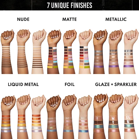 Image 1 - A series of arms showcasing seven unique finishes in swatched colors, including labels for Nude, Matte, Metallic, Liquid Metal, Foil, and Glaze + Sparkler.
Image 2 - Alt text: A collage of six beauty looks featuring diverse models with various makeup styles, alongside tips for use: use one shade as a base, outline and gloss lips, tap on as a highlight, use an angled brush for liner, swipe for glimmer, and use alone for a glossy finish.