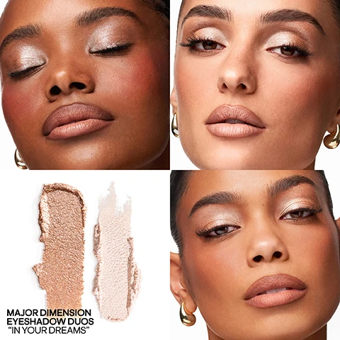 Image 1 - A collage of four images showing three women modeling shimmery light eyeshadow and two swatches of bronze and light beige eyeshadow, with the text MAJOR DIMENSION EYESHADOW DUOS IN YOUR DREAMS. Image 2 - A rose gold makeup palette with two shimmery eyeshadow shades, one silver and one gold, is open on a white surface with swatches of both colors, accompanied by text that reads PATRICKS ARTISTRY TECHNIQUE LIGHTER SHADE: CENTER OF LIDS & INNER CONERS DARKER SHADE: ALL OVER LIDS.