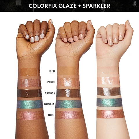Image 1 - Image shows three arms with swatches of various makeup products applied to their forearms; visible text includes color names: CLEAR, PINK ICE, STARGAZER, EVERGREEN, FLAIR.
Image 2 - A series of arms showcasing seven unique finishes in swatched colors, including labels for Nude, Matte, Metallic, Liquid Metal, Foil, and Glaze + Sparkler.
Image 3 - Alt text: A collage of six beauty looks featuring diverse models with various makeup styles, alongside tips for use: use one shade as a base, outline and gloss lips, tap on as a highlight, use an angled brush for liner, swipe for glimmer, and use alone for a glossy finish.
