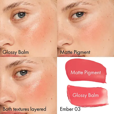 Glossy Balm. Matte Pigment. Both textures layered. Matte Pigment. Glossy Balm. Ember 03. Before. Ember 03.