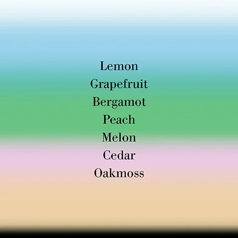 A gradient background with the words Lemon, Grapefruit, Bergamot, Peach, Melon, Cedar, and Oakmoss displayed vertically in bold black font.