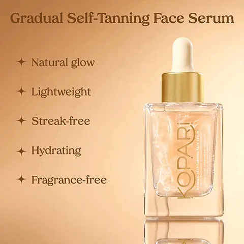 Image 1, Gradual Self-Tanning Face Serum ✦ Natural glow ✦ Lightweight ✦Streak-free ✦ Hydrating ✦ Fragrance-free GRADUAL SELF-TANNING FACE SERUM Image 2, Customize Your Natural Glow 2 drops = light 4 drops = medium 6 drops = deep Image 3, KOPARI FACE SERUM BADUAL SELF-TANNIALURORATE SERVEIS DE SODIUM Clean & Effective 98% said serum delivers even color* experienced 98% smooth & easy application* saw visibly 92% improved, even & hydrated skin* "Based On An Independent Consumer Use Study Of 50 Participants After 14-30 Days Image 4, BEFORE AFTER Image 5, BEFORE AFTER Image 6, Clean Ingredients Natural DHA Builds natural-looking tan 2% Niacinamide Calms & brightens Hyaluronic Acid Deeply hydrates Image 7, Self-Tanning Collection: Head-To-Toe Glow DADI GRAD SELF-TANNIN OU AVOC HYALURO FLO KOPARİ 20
