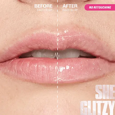 Image 1, BEFORE FAUX FILLER AFTER FAUX FILLER NO RETOUCHING SHE GUTZY Image 2, 3 NEW SHIMMER SHADES GLASSY SUGAR BABY SHE GLITZY HONEY SHE FLIRTY FOXY BOMBSHELL SHE FIRE POSH COCO Image 3, LIP PAIRINGS with Faux Filler Gloss & Lip Contour 2.0 SHE GLITZY HONEY BEIGE SHE FLIRTY WARM BROWN SHE FIRE RICH BROWN Image 4, smooths vegan collagen shine vitamin e caster oil