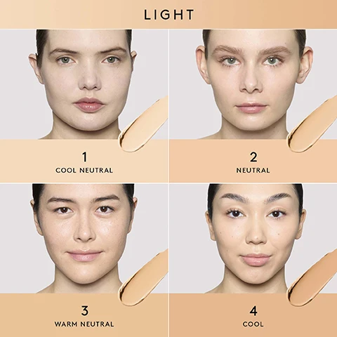 Image 1 - Four women with different skin tones are displayed in an array, featuring shades labeled as 1 Cool Neutral, 2 Neutral, 3 Warm Neutral, and 4 Cool, with a makeup swatch to the side of each face.
Image 2 - A Fenty Beauty skincare stick is centered against a gradient of skin-tone colors, with text on the right detailing its features: Murumuru Butter melts into skin and helps provide all-day hydration, Quickblur Complex delivers a smooth, blurred effect, Sodium Hyaluronate helps provide hydration, Color-True Pigments help resist oxidation.
Image 3 - A chart displaying shade matching for beauty products, featuring columns for Pro Filtr and Eaze Drop shades across various skin tones, with headings indicating Light, Light Medium, Medium, Medium Deep, and Deep categories along with corresponding numerical values for each shade.
Image 4 - A comparison chart of Fenty Beauty foundations featuring four products: Pro Filtr Soft Matte Foundation, Eaze Drop Blurring Skin Tint, Eaze Drop Blur+Smooth Tint Stick, and Pro Filtr Soft Matte Powder Foundation, with categories for skin type, finish, coverage, benefits, technology, and shade range presented in a table format.