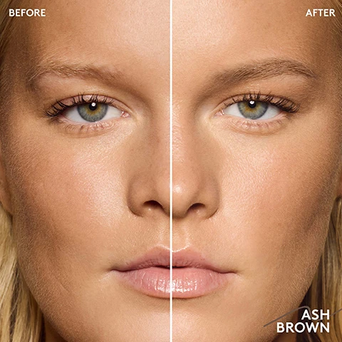 Image 1 - Image shows a side-by-side comparison of a womans face labeled BEFORE on the left and AFTER on the right, with smoother skin tone and appearance after applying ash brown color.
Image 2 - A grid of images showcasing various eyebrow shades on different individuals, with labels for each shade, including Medium Blonde, Dark Ash Blonde, Light Blonde, Ash Brown, Dark Auburn, Soft Black, Dark Brown, Light Brown, Medium Brown, Black Brown, and Deep Black, along with the text A SHADE FOR EVERY PLAYER Winning brows in 14 longwear, waterproof shades for all.