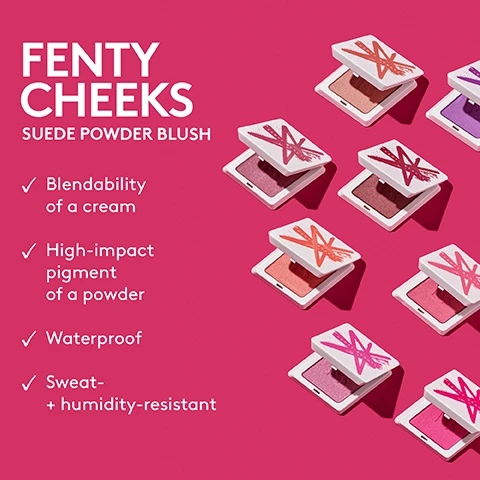 Image 1 - Image of multiple Fenty Cheeks Suede Powder Blush compacts displayed on a pink background, with visible text highlighting features including blendability of a cream, high-impact pigment of a powder, waterproof, and sweat-+humidity-resistant.
Image 2 - A close-up image of a woman with curly dark hair and natural makeup, displaying a confident expression, alongside text that reads 100% AGREE, followed by bullet points stating feels + looks smooth, melts into skin, and feels lightweight, with a note about a consumer study at the bottom.
Image 3 - A grid featuring Fenty Cheeks and Killawatt pairing recommendations with color swatches labeled Sundress SZN, Lightning Dust, Fire Crystal, Bakin Cakez, Mean Money, Hu$tla Baby, Petal Poppin, Girl Next Door, Chic Freak, Lolly Poppy, Ginger Binge, Moscow Mule, Daiquiri Dip, Trophy Wife, Summertime Wine, and Afternoon Snack, Mo Hunny.
Image 4 - Illustration showing various face shapes (Square, Round, Oval, Rectangle, Heart, Diamond) with instructions for blush application for each shape, text reads FENTY FLATTERS ALL CHEEKS BLUSH APPLICATION FOR EVERY FACE SHAPE and specific application tips for each face shape.
Image 5 - Image shows two cosmetic products side by side: on the left is Fenty Cheeks Suede Powder Blush in a compact with a pink blush shade and descriptive text highlighting its qualities, and on the right is Cheeks Out Freestyle Cream Blush in a round container with a similar pink shade and its own set of descriptive text. Visible text includes CHOOSE YOUR CHEEK, FENTY CHEEKS SUDE POWDER BLUSH, and CHEEKS OUT FREESTYLE CREAM BLUSH, with bullet points detailing their features.
Image 6 - A collage of six women showcasing different makeup looks featuring shimmering blush shades, each labeled with names: Tahiti Teaze, Just a Crush, Wattabrat, Brickkkk, Bubblebands, Riri, and Tutu Turnt, with a compact makeup product in the bottom right corner.