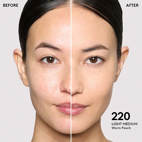 Image 1 - A split image shows a persons face, with the left side labeled BEFORE showing uneven skin texture and blemishes, and the right side labeled AFTER displaying a smooth complexion; visible text on the right side reads 220 LIGHT-MEDIUM Warm Peach.