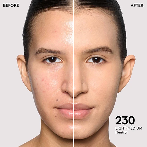 Image 1 - A split image showing a persons face labeled BEFORE on the left with visible skin imperfections and AFTER on the right with a smooth complexion, with the text 230 LIGHT-MEDIUM Neutral in the bottom right corner.
Image 2 - A grid of twelve skincare models showing different shades of foundation from light-medium to tan, labeled with shade numbers and names: 185 Neutral, 190 Warm Yellow, 200 Cool Pink, 210 Neutral, 220 Warm Peach, 225 Neutral Olive, 230 Neutral, 235 Warm Golden, 240 Warm Golden, and 250 Warm Peach.
Image 3 - Image shows a promotional graphic for Pro Filtr Soft Matte Longwear Foundation, featuring side-by-side portraits of diverse women demonstrating the foundations effects, with text stating EVENS SKIN TONE (TEXTURE + PORES), REDUCES REDNESS, and CONCEALS HYPERPIGMENTATION.
Image 4 - Image of several rows of foundation bottles on a light background with visible text that reads: ALL FLEX, NO STRESS A SHADE + UNDERTONE FOR ALL WITH A SOFT MATTE FINISH Longwear, buildable full coverage Soft matte, not-flat finish Diffuses skin for a filtered effect Climate-adaptive technology fights heat, humidity + sweat.
Image 5 - Image featuring four Fenty Beauty foundation products with a chart comparing their features, including their best skin types, finishes, coverage levels, and benefits. The visible text includes product names and descriptions: Eaze Drop, Blurring Skin Tint; Softlit, Naturally Luminous Longwear Foundation; Pro Filtr, Soft Matte Longwear Foundation; with categories for best for skin type, finish, coverage, and benefits.
Image 6 - The image displays a chart of Fenty Beauty foundation shades categorized as Light-Medium, featuring six models each demonstrating different skin tones, with corresponding foundation shade names and undertones, including Pro Filtr, Eaze Drop, and SoftLit, along with their respective shade numbers.