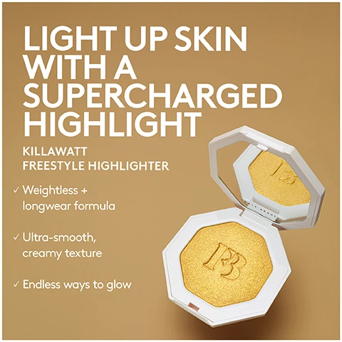 Image 1 - A hexagonal container of a gold highlighter is open, showing the product inside, against a light brown background, with the text that reads LIGHT UP SKIN WITH A SUPERCHARGED HIGHLIGHT KILLAWATT FREESTYLE HIGHLIGHTER Weightless + longwear formula Ultra-smooth, creamy texture Endless ways to glow.
Image 2 - A split image shows two close-up portraits of a woman with dark skin, the left side labeled BEFORE shows her without makeup and the right side labeled AFTER displays her with highlighted cheeks and glossy lips; below the images is text that reads KILLAWATT FREESTYLE HIGHLIGHTER in shade Ruby Richez.
Image 3 - Image shows a side-by-side comparison of a womans face before and after applying highlighter, with the left side labeled BEFORE and the right side labeled AFTER, featuring the product name KILLAWATT FREESTYLE HIGHLIGHTER and the shade Ruby Richez at the bottom.